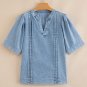 Myosotis Pintuck Pleats Puff Sleeve Split V Neck Summer Denim Top