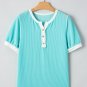 Turquoise Corded Colorblock Buttons Henley T Shirt