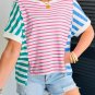 Pink Stripe Mixed Pattern Patchwork Uneven Hem Loose Tee