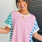 Pink Stripe Mixed Pattern Patchwork Uneven Hem Loose Tee