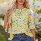 Yellow Summer Flower Printed Drop Shoulder Loose T Shirt