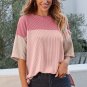 Pink Color Block Ribbed Side Slits Half Sleeve Top
