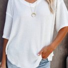 White Exposed Seam Half Sleeve Knitted V Neck Textured Top