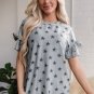 Gray Star Print Tiered Ruffled Sleeve Crew Neck T Shirt
