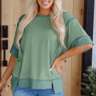 Smoke Green Half Sleeve Raw Seam High Low Side Split Top