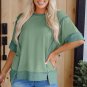 Smoke Green Half Sleeve Raw Seam High Low Side Split Top