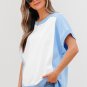 Sky Blue Color Block Exposed Seam Crew Neck T Shirt
