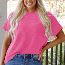 Bright Pink Plain Corded Knit Mock Neck T Shirt