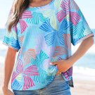 Sky Blue Bowknot Printed Waffle Crewneck Loose Short Sleeve Top
