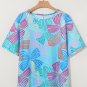 Sky Blue Bowknot Printed Waffle Crewneck Loose Short Sleeve Top