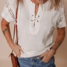 White Ribbed Texture Lace Patchwork Short Sleeve Top
