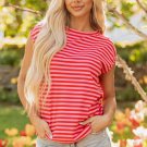 Red Stripe Ribbed Cap Sleeve Round Neck T Shirt