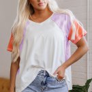Beige Colorblock Patchwork V Neck Exposed Seam High Low T Shirt