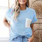 Dark Blue Corded Knit Color Block Pocketed Crew Neck T Shirt