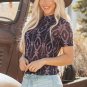 Brown Aztec Print Mock Neck Short Sleeve Mesh T Shirt