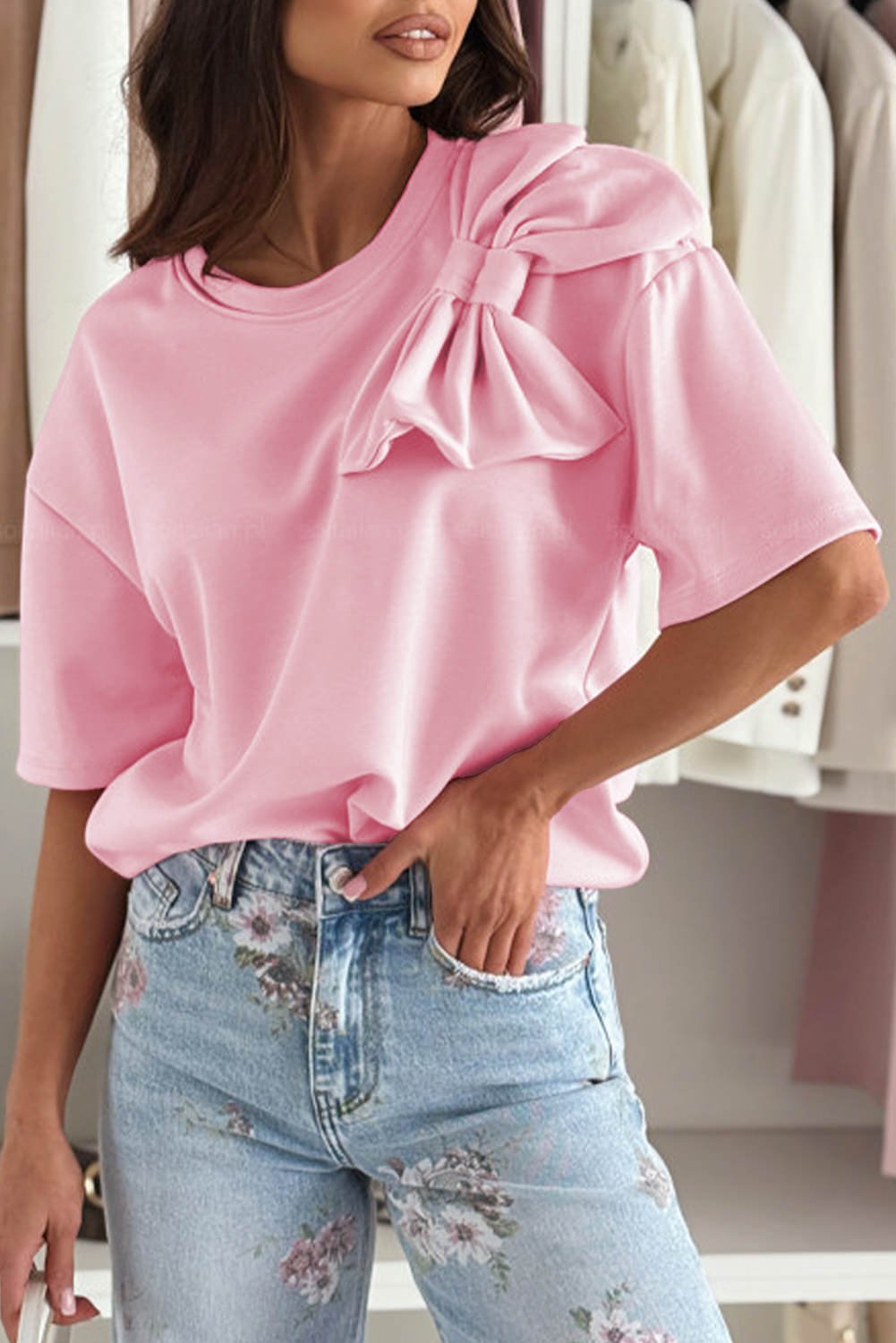 Pink Bow Applique Half Sleeve T Shirt