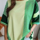 Mint Green Striped Patchwork Textured Colorblock 3/4 Sleeve Knit Top