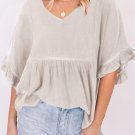 Apricot Ruffled Lace Detail Loose V Neck Top