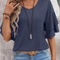 Sail Blue Solid Colour V Neck Double Layer Sleeve Loose T Shirt