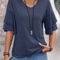Sail Blue Solid Colour V Neck Double Layer Sleeve Loose T Shirt