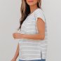 White Stripe Cap Sleeve Crew Neck Casual Tee with Chest Pocket