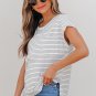 White Stripe Cap Sleeve Crew Neck Casual Tee with Chest Pocket