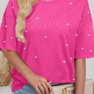 Bright Pink Pearl Beaded  Drop Shoulder Crewneck T Shirt