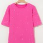 Bright Pink Pearl Beaded  Drop Shoulder Crewneck T Shirt