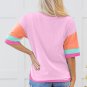 Pink Solid Color Half Sleeve Buttons Henley Top