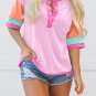 Pink Solid Color Half Sleeve Buttons Henley Top