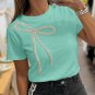 Mint Green Rhinestone Bow Embellished Round Neck Tee