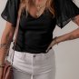 Black Mesh Ruffled Sleeve Slim Fit V Neck Top