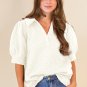 White Textured Puff Half Sleeve Collared V Neck Top