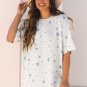 Sky Blue Stars Print Drop Shoulder Oversized T Shirt with Slits