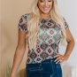 Blue Western Aztec Print Mesh Slim T Shirt