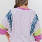 Purple Stripe Floral Color Block Raw Edge Patchwork Bracelet Sleeve Blouse