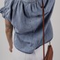 Dusk Blue V Neck Ruffled Short Puff Sleeve Denim Top