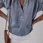 Dusk Blue V Neck Ruffled Short Puff Sleeve Denim Top