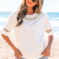 White Lace Crochet Crew Neck Casual T Shirt