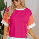 Rose Red Color Block Patchwork Side Slits Loose Fit T Shirt