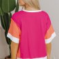Rose Red Color Block Patchwork Side Slits Loose Fit T Shirt