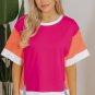 Rose Red Color Block Patchwork Side Slits Loose Fit T Shirt