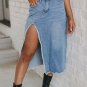 Light Blue Frayed Slit Asymmetric Denim Midi Skirt