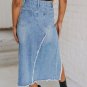 Light Blue Frayed Slit Asymmetric Denim Midi Skirt