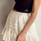 Beige Tiered Ruffled Hemline Elastic Waist Mini Skirt