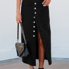 Black Button Fly Side Split High Waist Denim Midi Skirt