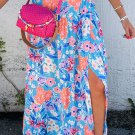 Sky Blue Floral Printed High Waist Split Wrap Long Skirt