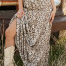 Brown Western Floral Print Ruffled Hem High Waist Loose Maxi Skirt