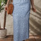 Sky Blue Boho Floral High Waist Long Skirt with Side Split