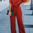 Red Belted Wide Leg Jumpsuit